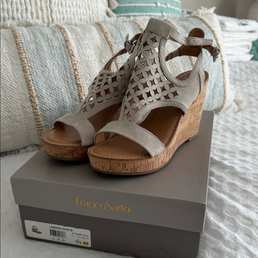 Franco Sarto Taupe Laser-Cut Cork Wedge Sandals